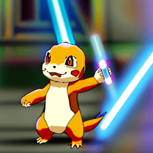 AI generated: Charmander wielding a lightsaber. Anime style