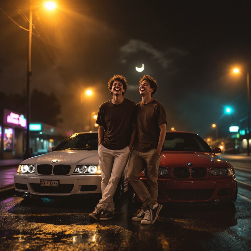 AI generated: Two brothers mid-laugh under a flickering amber streetlight at 3 AM. Older wears a coffee-brown tee ...