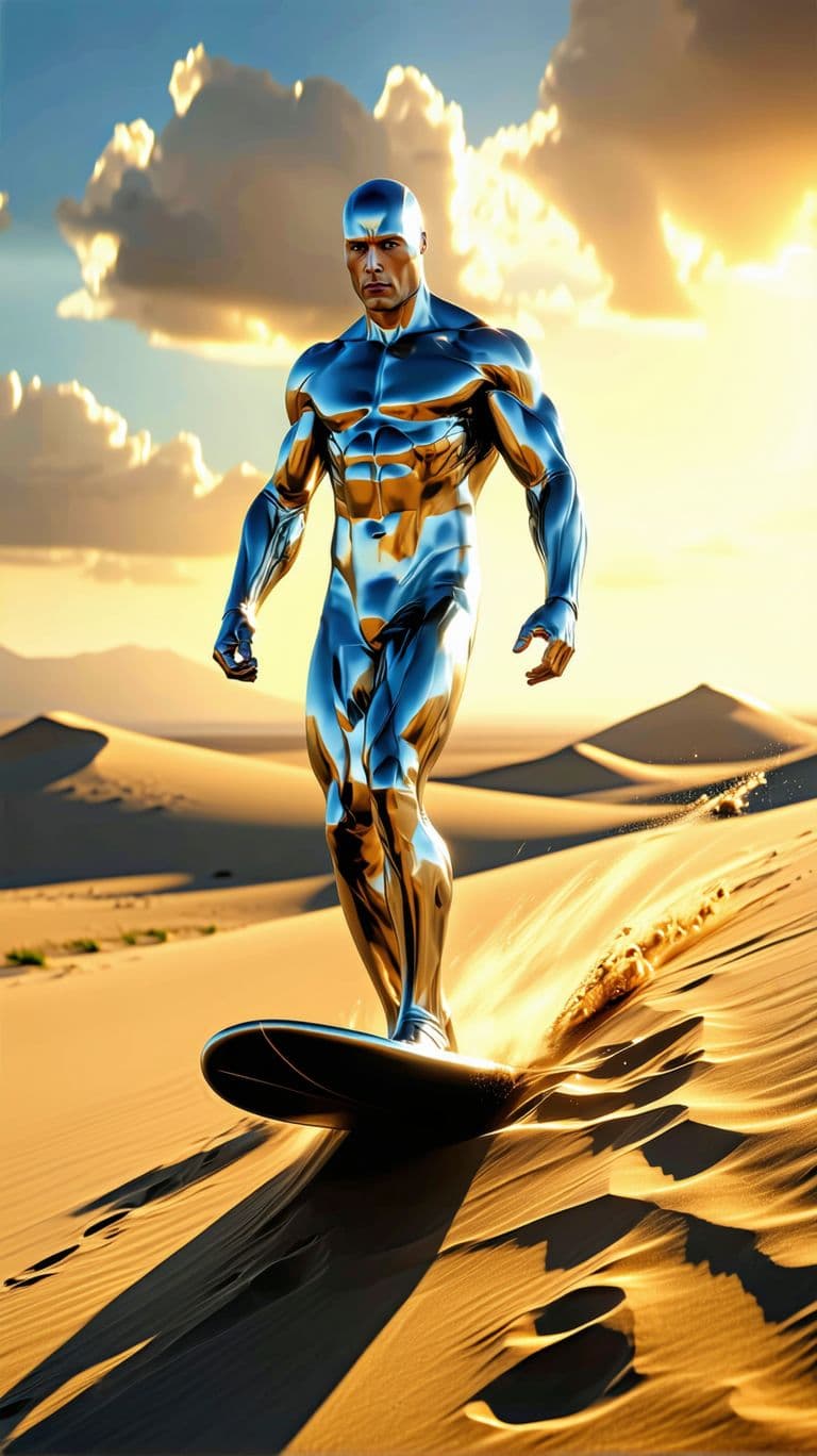 AI generated: Silver Surfer, 5D UHD Cinematic, sharp focus, rendering, soft lighting, balanced detailed comic book...