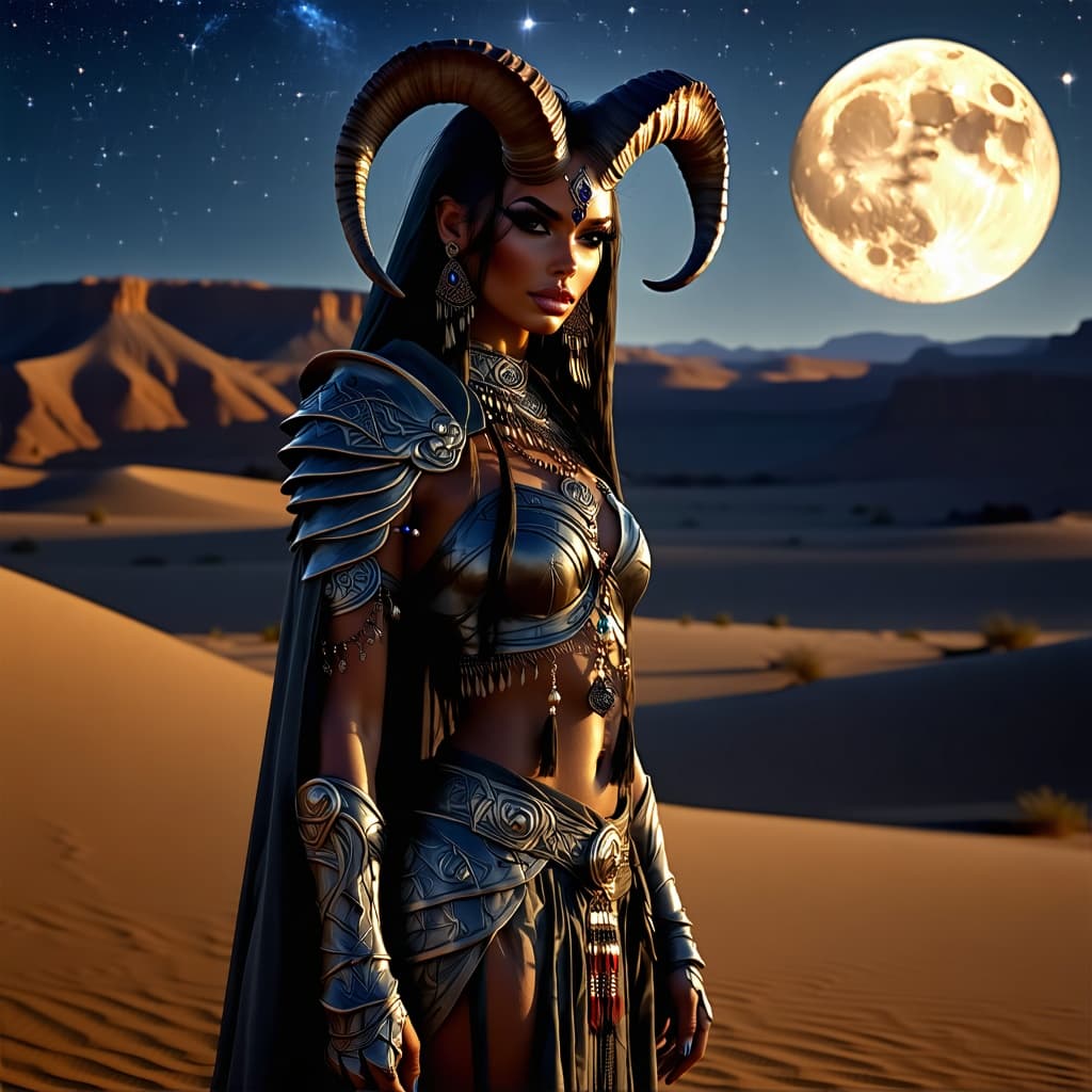 AI generated: A detailed and atmospheric illustration, full body shot of a young beautiful European female horned ...