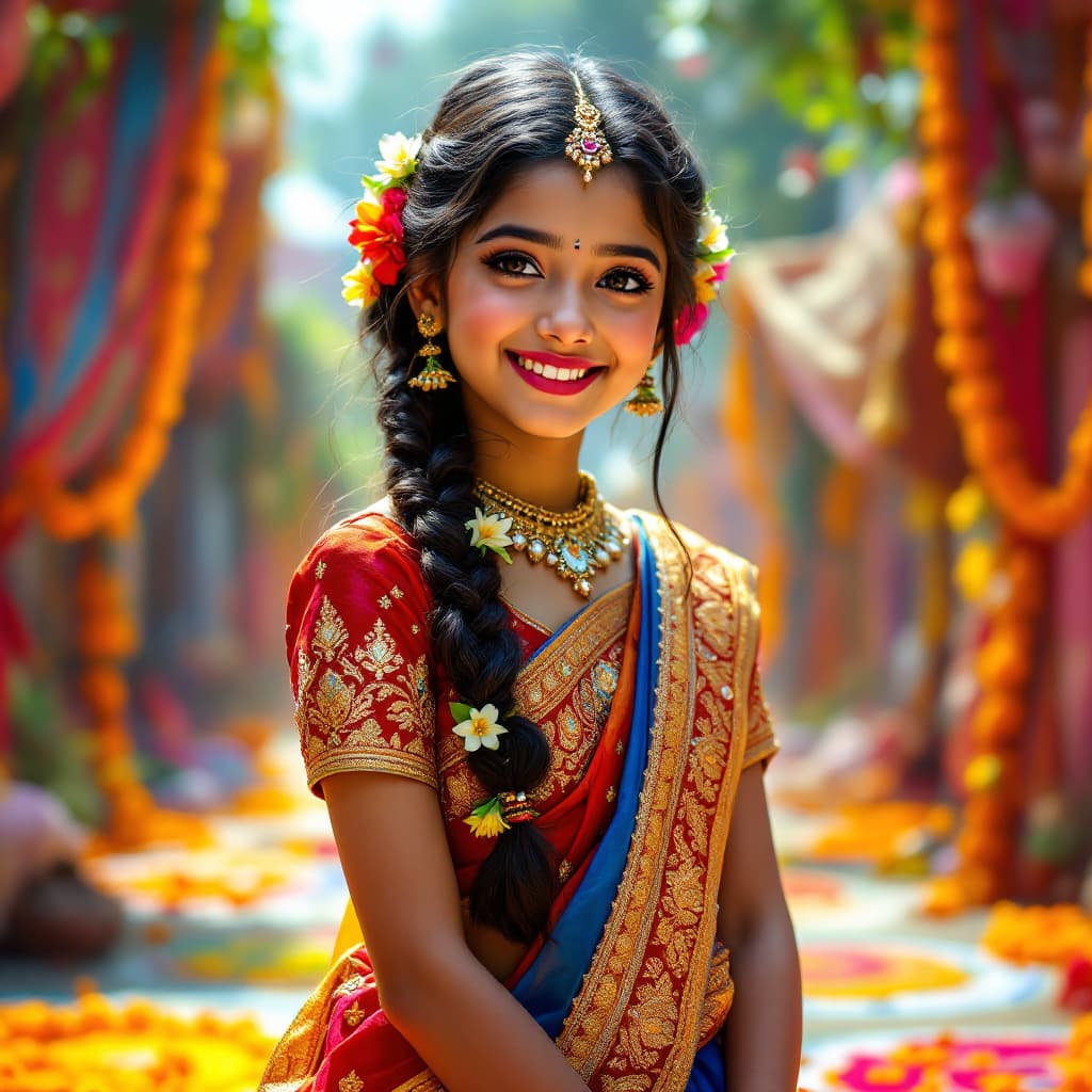 AI generated: Create a vibrant and detailed image of a 
girl wearing a traditional Indian dress. She should be ado...