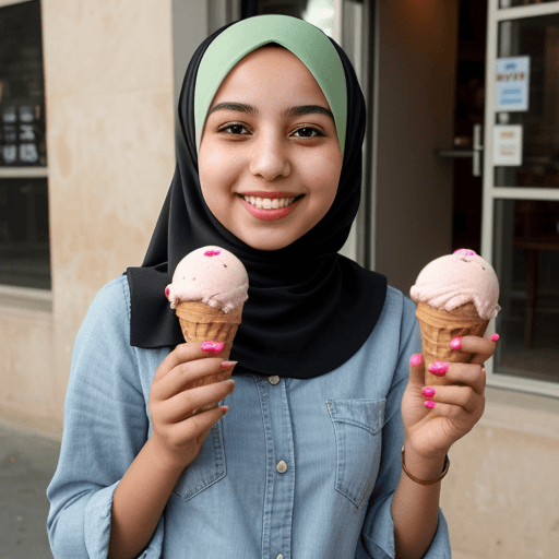 AI generated: Hijab girl with bright smile and hold an ice cream