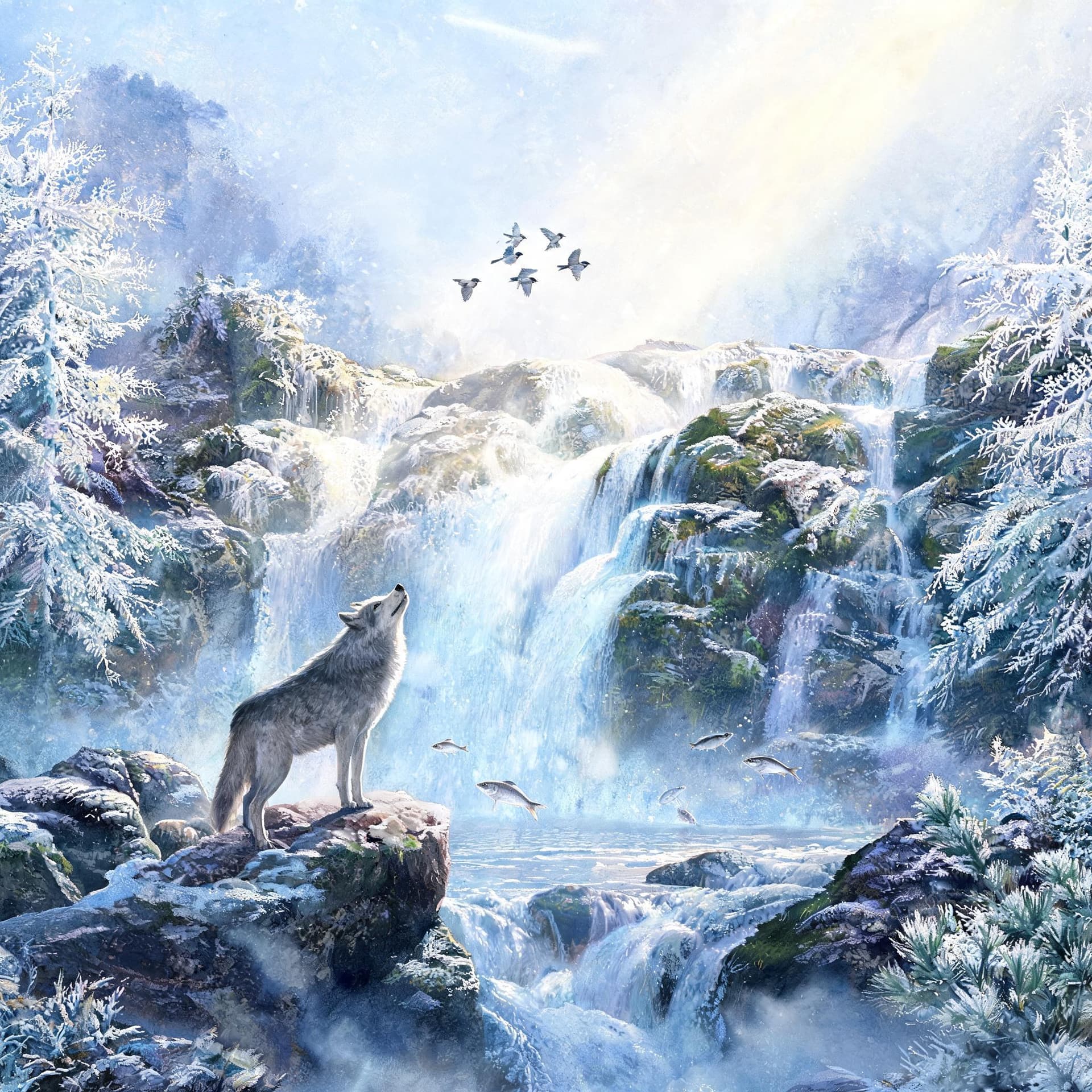AI generated: Airbrushed watercolor painting, serene winter landscape, majestic waterfall, delicate lace-like pine...