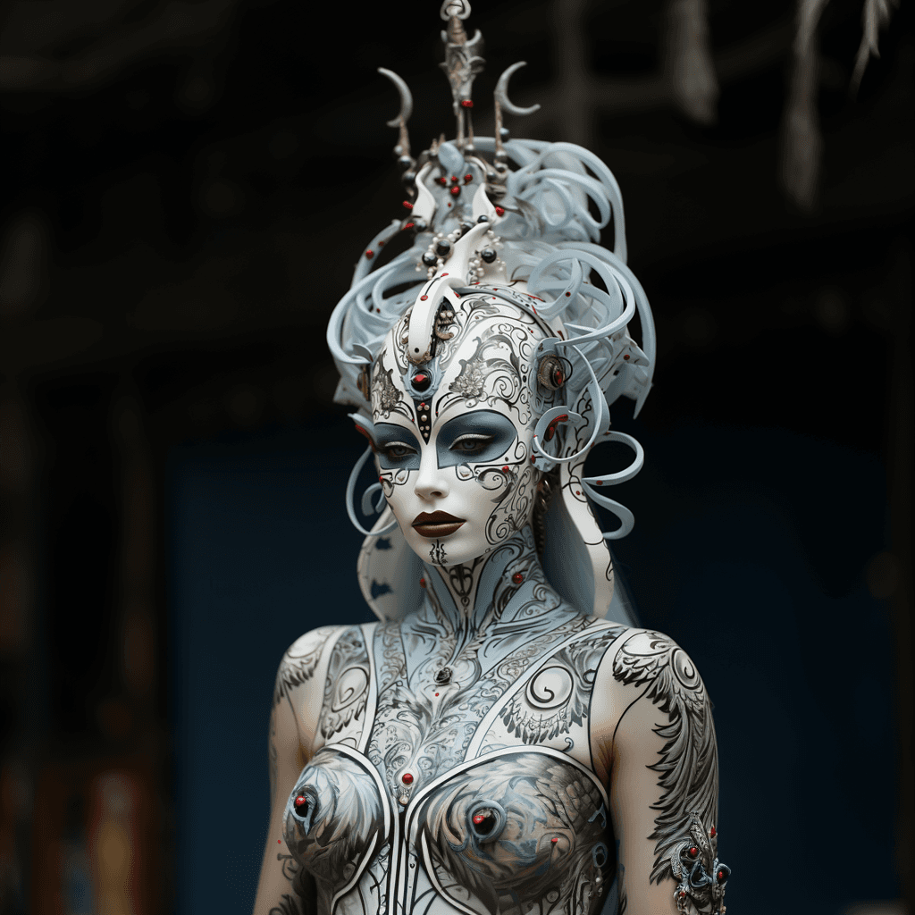 AI generated: a girl with a white face paint and black makeup, in the style of futuristic designs, dark white and ...