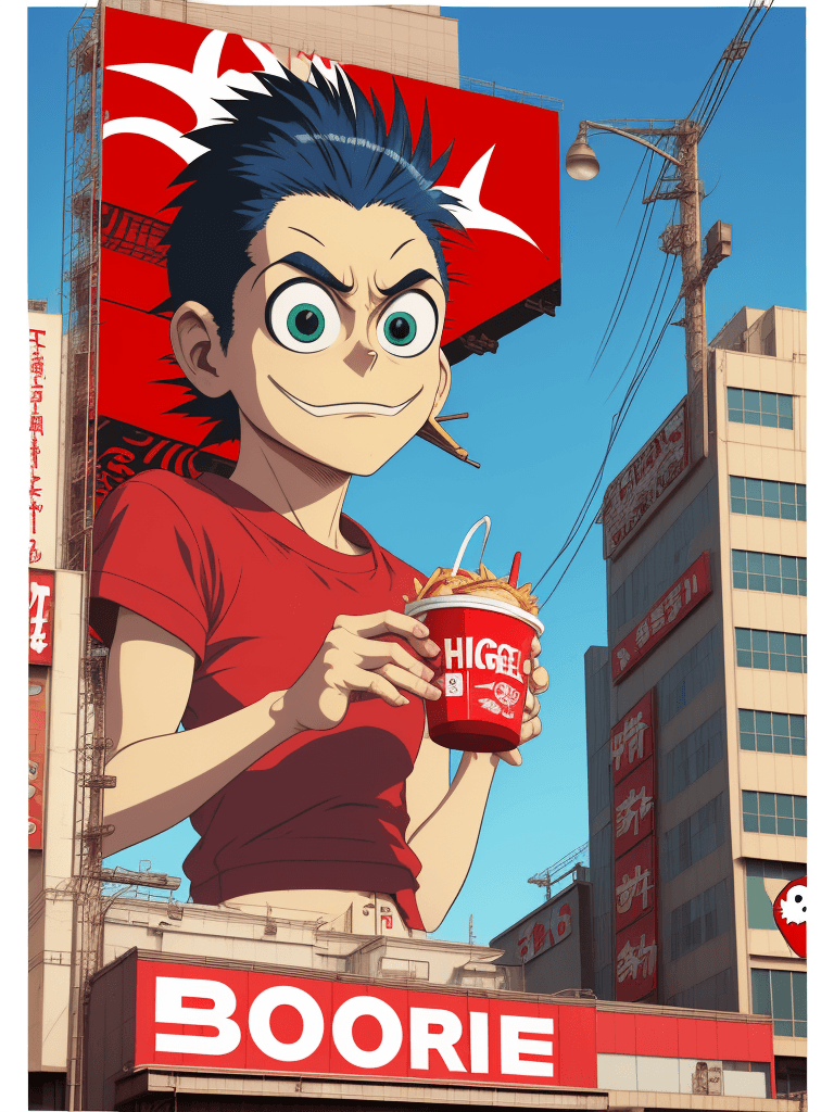 AI generated: fast food ad, billboard sign, 90s, anime, japanese pop, japanese words, in the style of Jamie Hewlet...