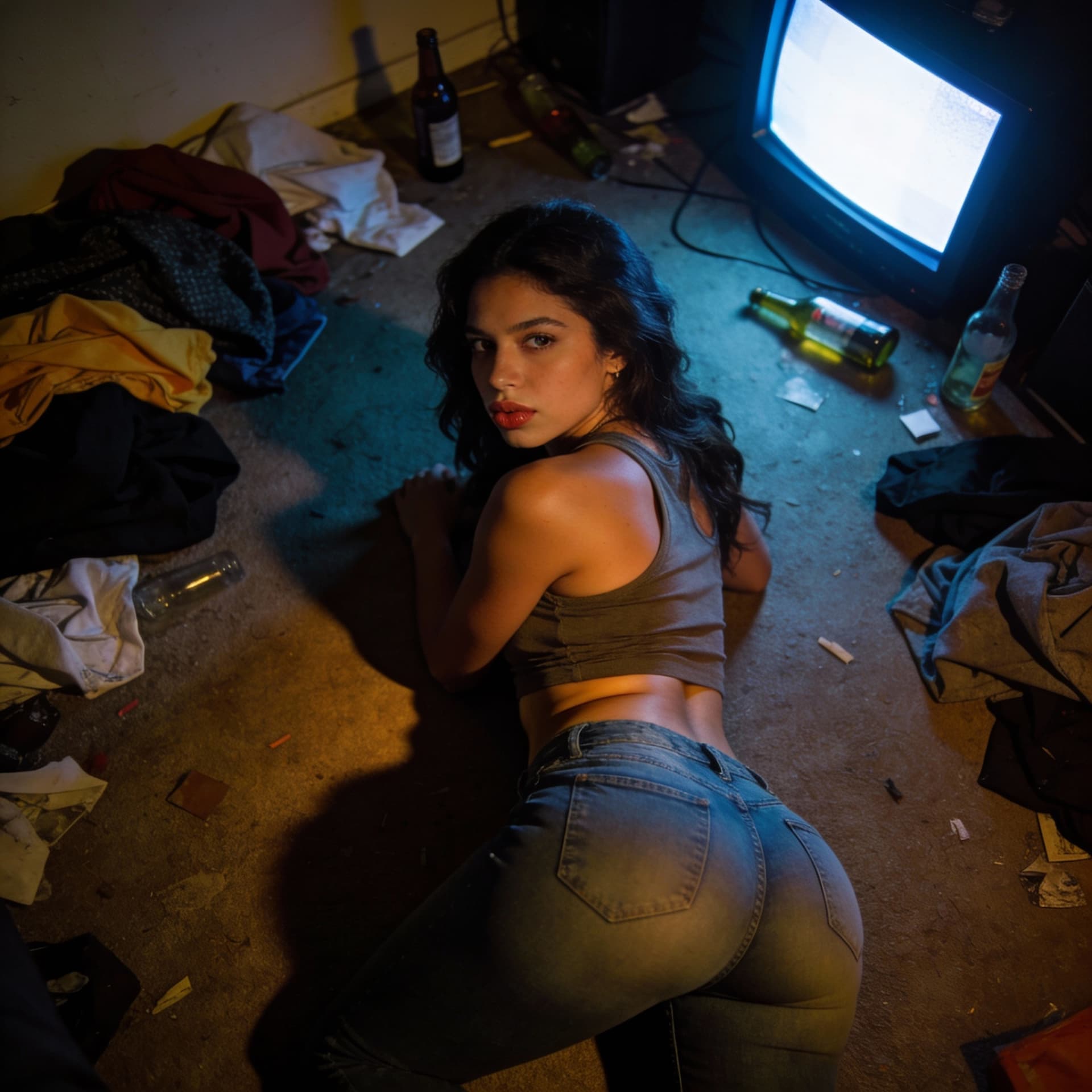 AI generated: beautiful latina 25 year old, cute face, full pouty lips, dimly lit room, trashy room, prone, tiny w...