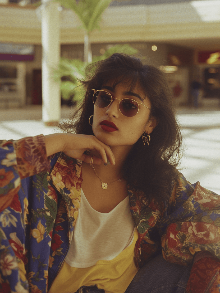 AI generated: Kooky portraits of 90’s mall, woman in retro clothing, shot on VHS