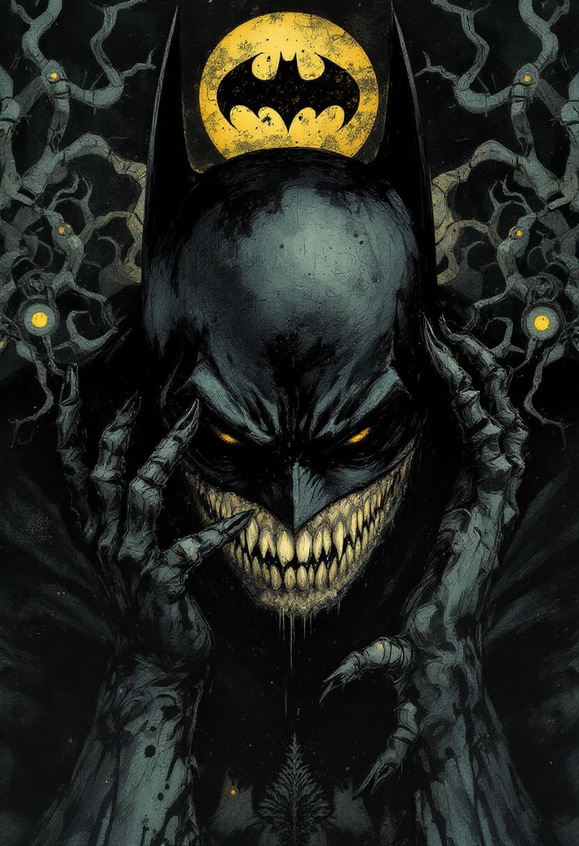 AI generated: Batman Creepy In the dark in the style of Paul Klee, Alberto Seveso, Chris Dyer, Robert Crumb, Ndebe...