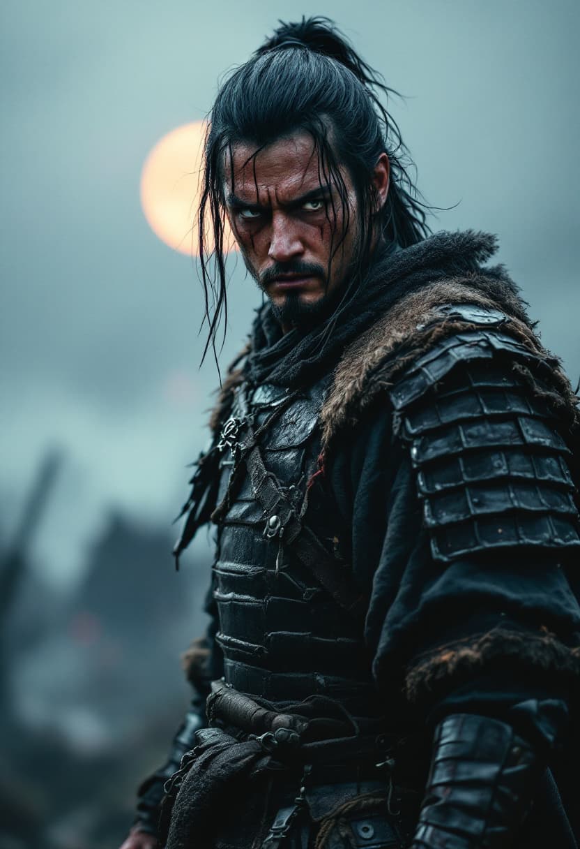 AI generated: samurai warrior standing in battlefield, facing forward, full face visible, tired intense expression...