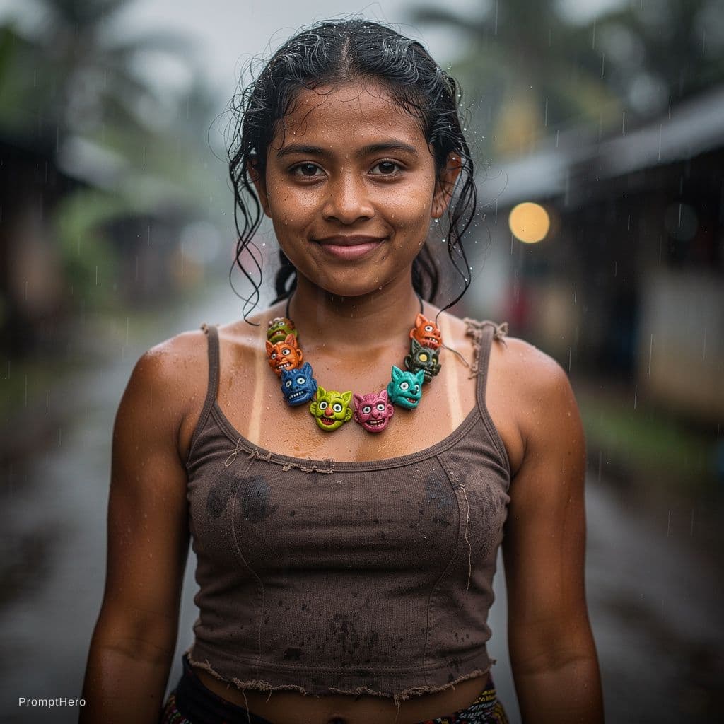 AI generated: Generate a rainy photograph of an 21 year old cute Papuan New Guinean indigenuous female with many t...