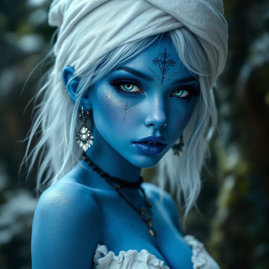 AI generated: smurfette from the smurfs, beautiful charismatic girl, showing piercing, athletic body, a woman with...