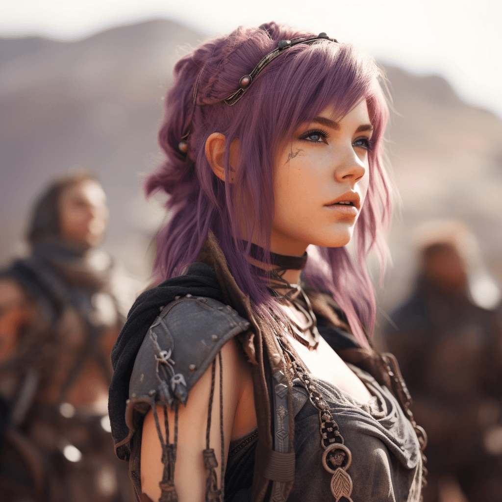 AI generated: a picture of girl viking lifestyle, standing with her friends, purple hair, epic, front face, closeu...