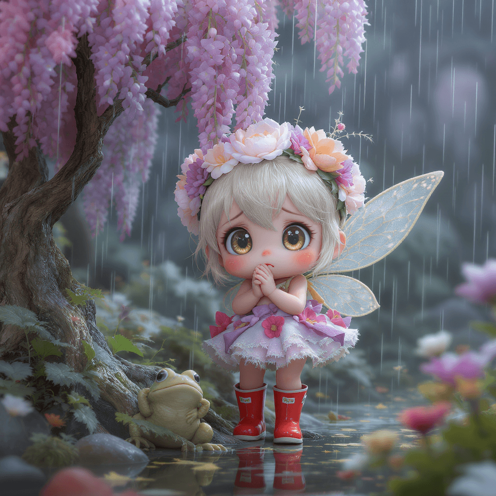 AI generated: whimsical adorable character design 3d octane render, wide shot, chibi extremely cute little flower ...