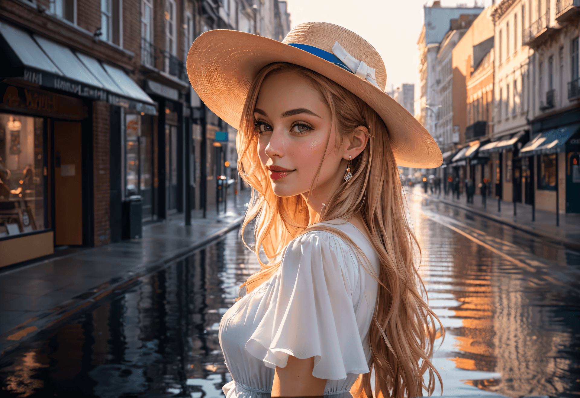 AI generated: (best quality, masterpiece, realistic:1.3), (detailed), a woman in a white dress and woman's hat sta...