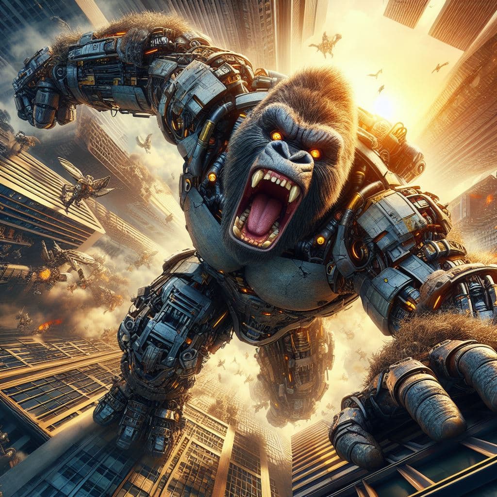 AI generated: Digital art, best quality, detailed, disney pixar style, epic scenery shot: a full-size king-kong me...