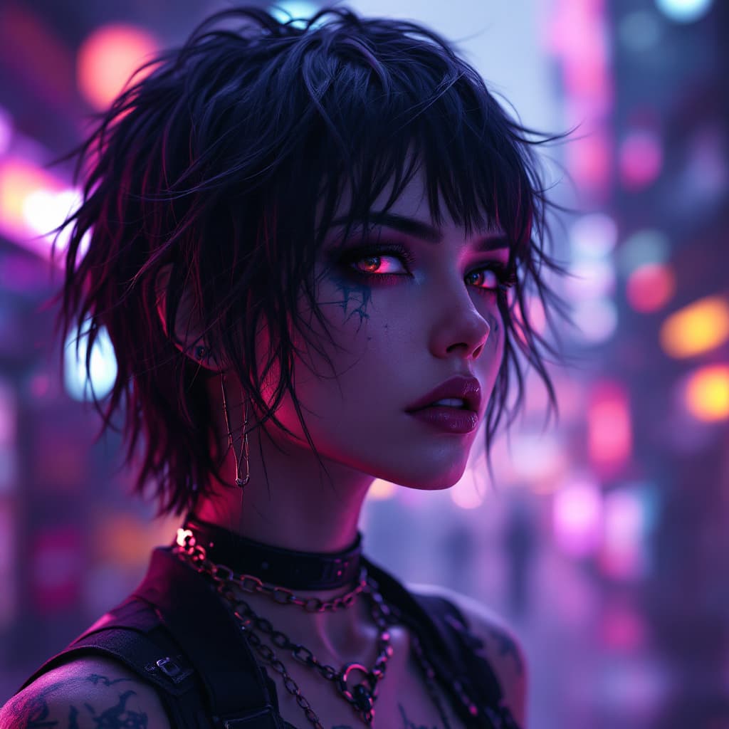 AI generated: A stunning close-up portrait of a mysterious cyberpunk warrior woman with brown an grey eyes, short ...