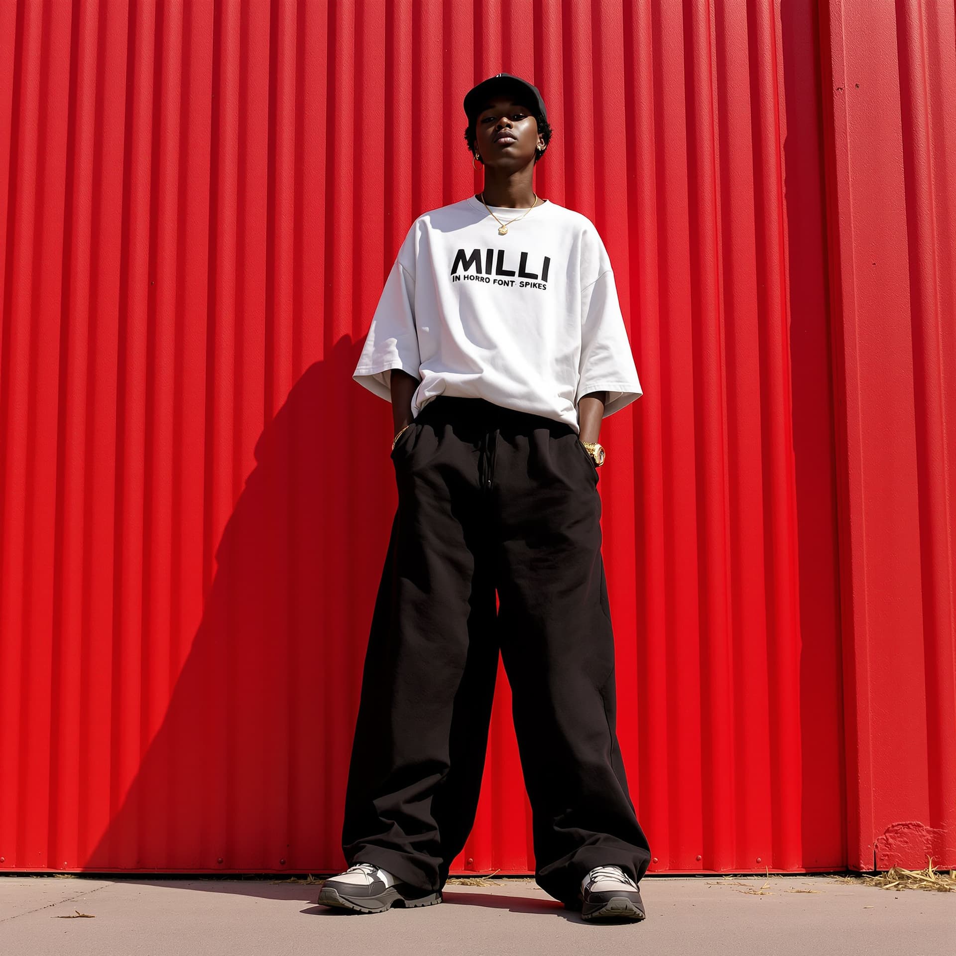 AI generated: capturing a casual yet stylish vibe, a figure in a loose, oversized black street wearing and wide-le...