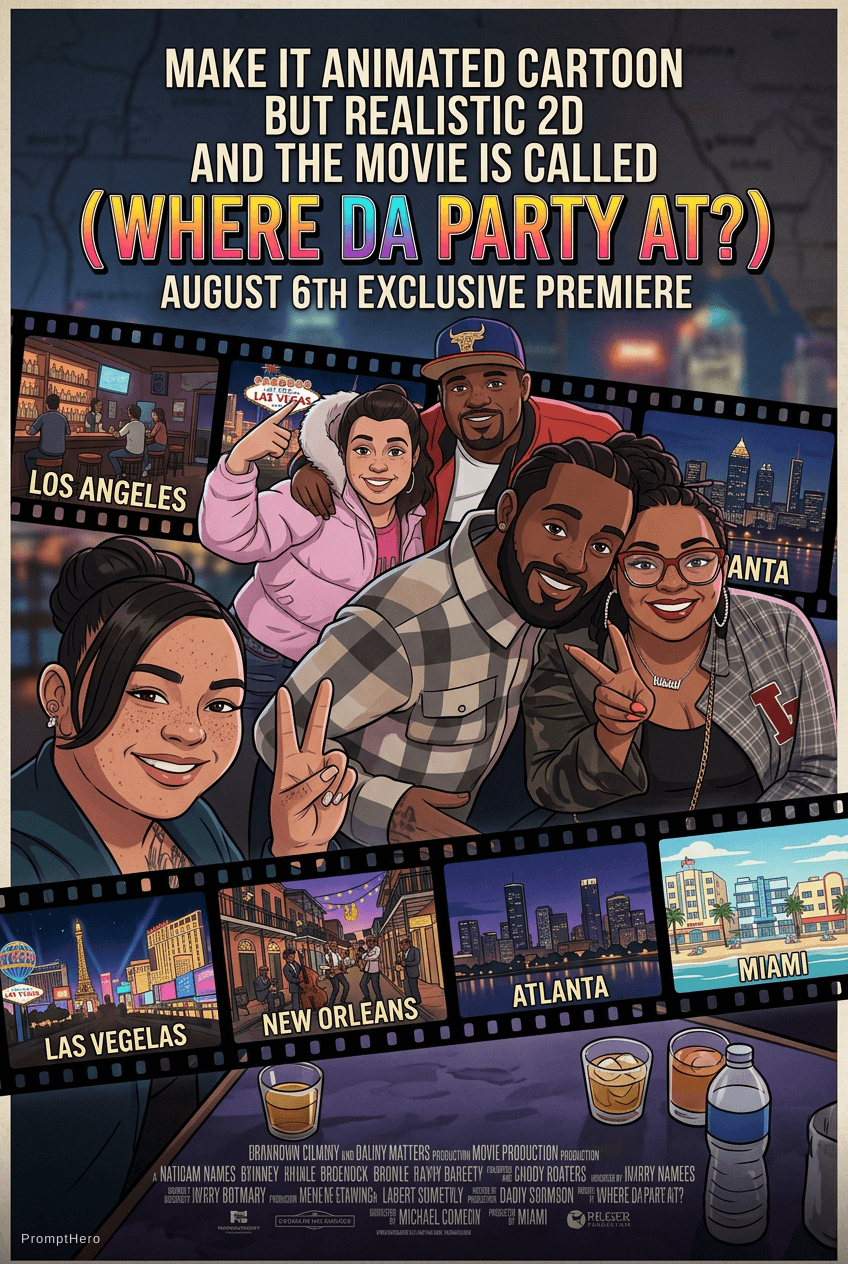 AI generated: Make it animated cartoon but realistic 2d and the movie is called (Where da party at?) August 6th ex...