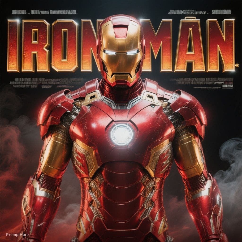 AI generated: Ultra-cinematic superhero movie poster, Iron Man standing confidently in the center wearing a sleek ...