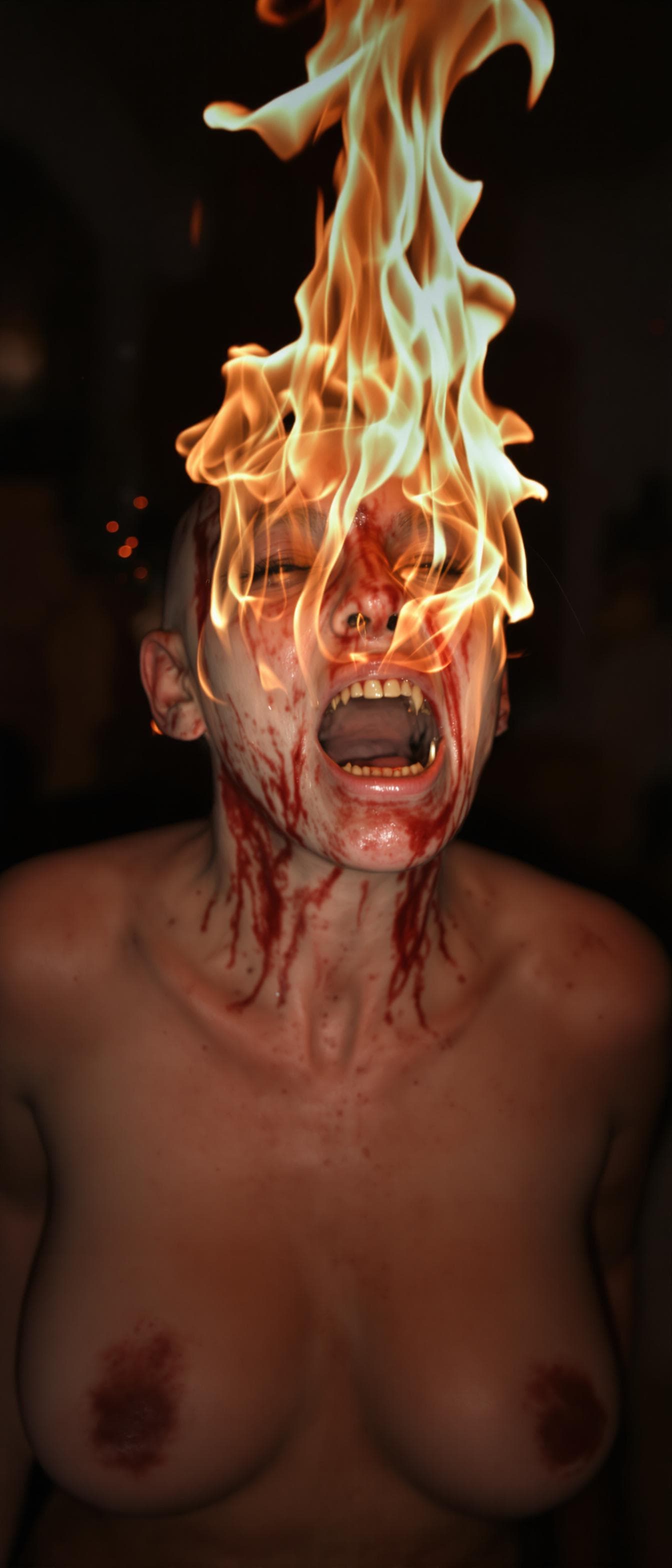AI generated: An ugly face woman with ugly body  dancing in a party with fire from her mouth  . She is bald . She ...