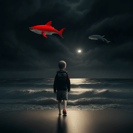AI generated: realistic side view,a kid walking in a beach,dark night,raining,sad theme,red fishes,shark behind ki...