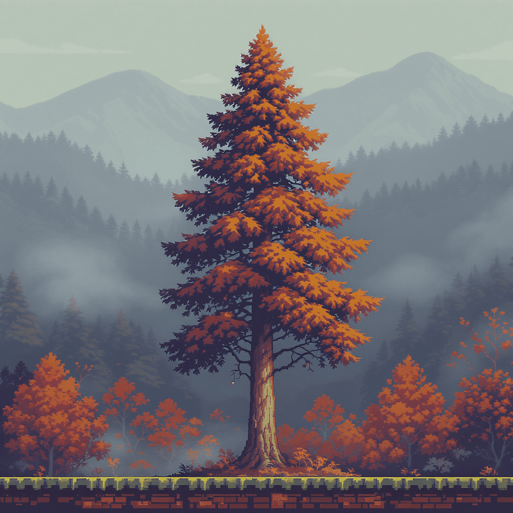 AI generated: /imagine prompt:A pixel art of a tall needle tree with dark orange leaves, straight trunk with subtl...
