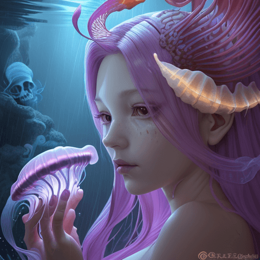 AI generated: Goddess close-up portrait ribcagel. jellyfish phoenix head, nautilus, orchid, skull, betta fish, bio...