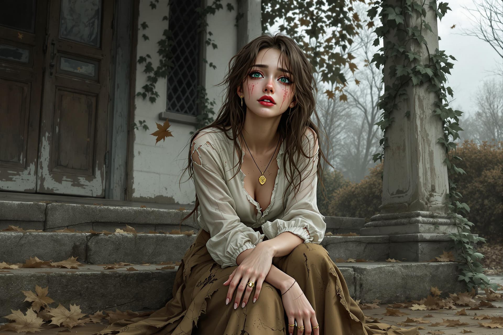 AI generated: A young woman with delicate, refined features—high cheekbones, soft pink lips, and large, expressive...