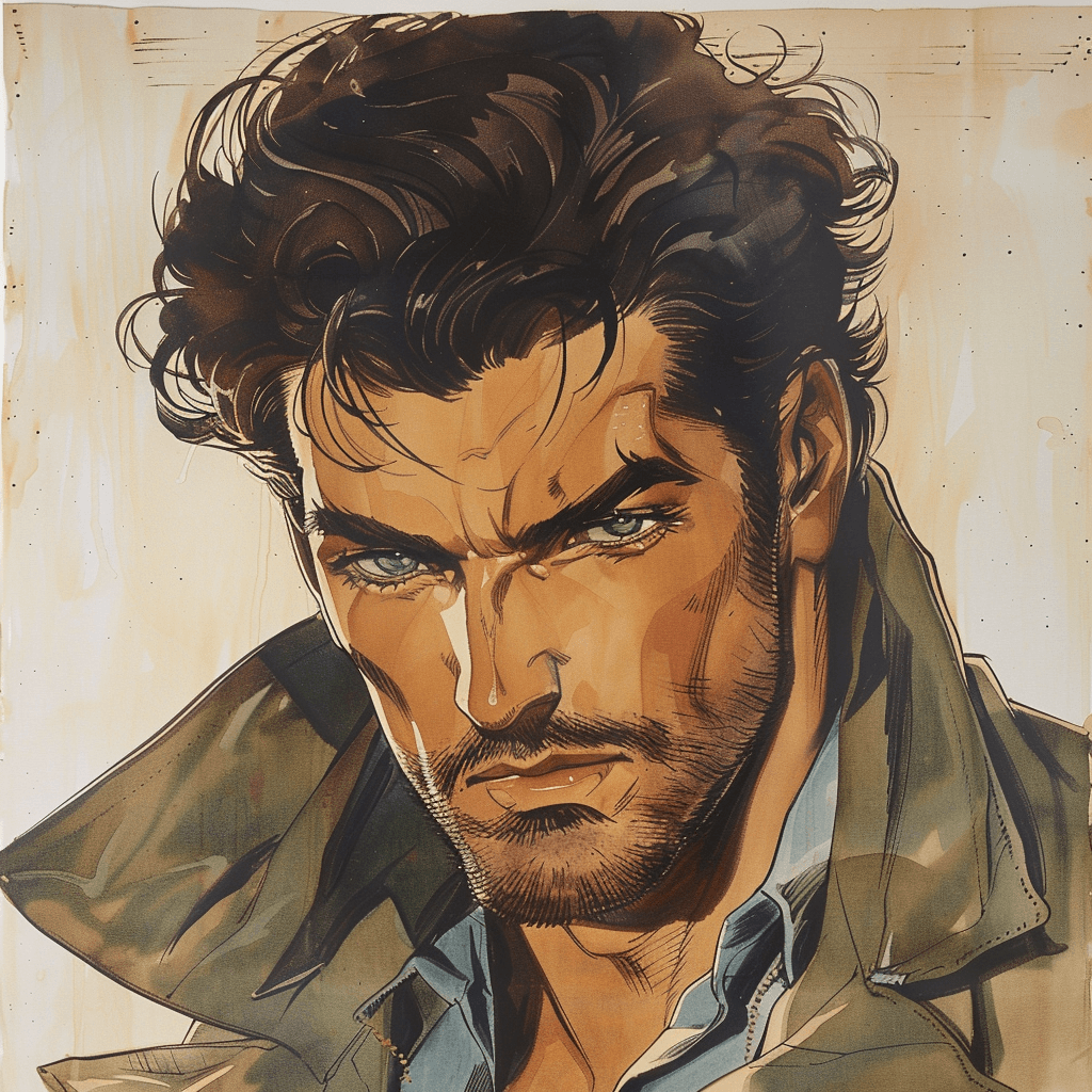 AI generated: A 1989 Turkish handsome man. Fully bearded. Full portrait. Anime art by Yutaka Minowa, Yoshiaki Kawa...