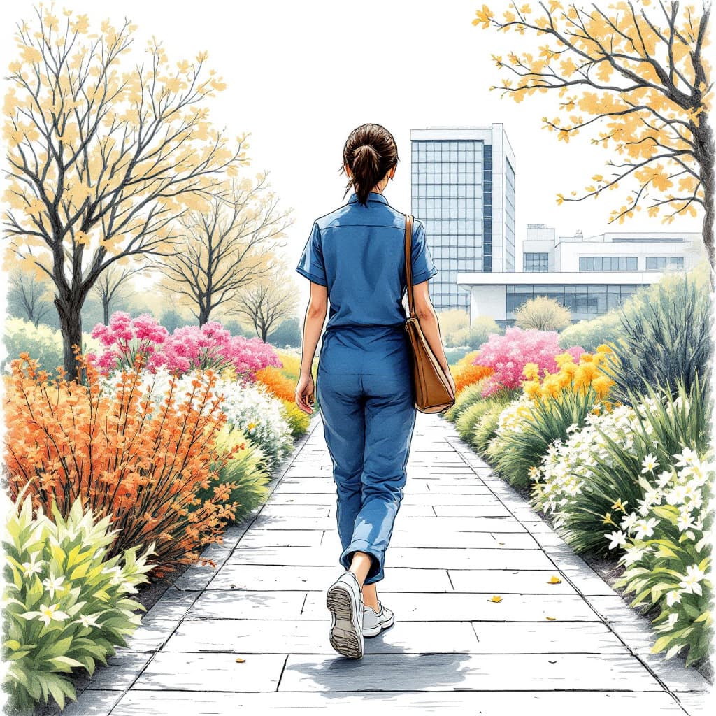 AI generated: Pencil sketch drawing of a Japanese female worker walking along a modern garden path lined with seas...