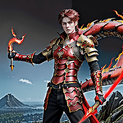 AI generated: “4k Anime Style quality, Digital drawing mode, A fierce young handsome male warrior, messy reddish b...