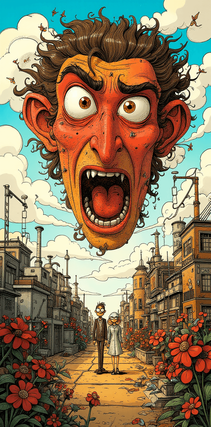 AI generated: cartoon with a colorful  face,couple walking, surrounded by a city, in the style of tim doyle, indus...