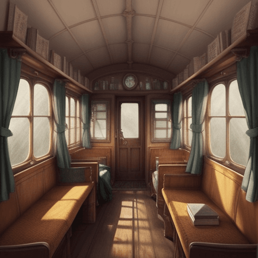 AI generated: Easy pencil drawing of the inside of a quaint cozy TRAIN  cabin, of the style of Harry Potter, but t...