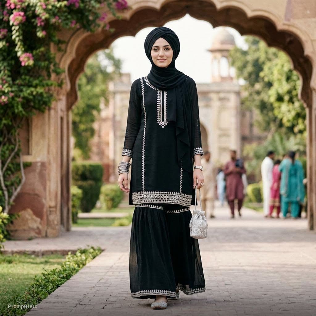 AI generated: create a girl wearing black sharara with sliver bangles with this a hijab in black she is little bit...