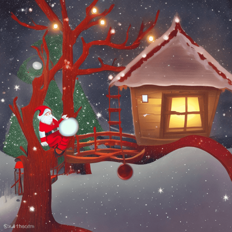AI generated: A tree house, red filter, lots of snow, floating bright lights, Santa Claus flying next to a moon, m...