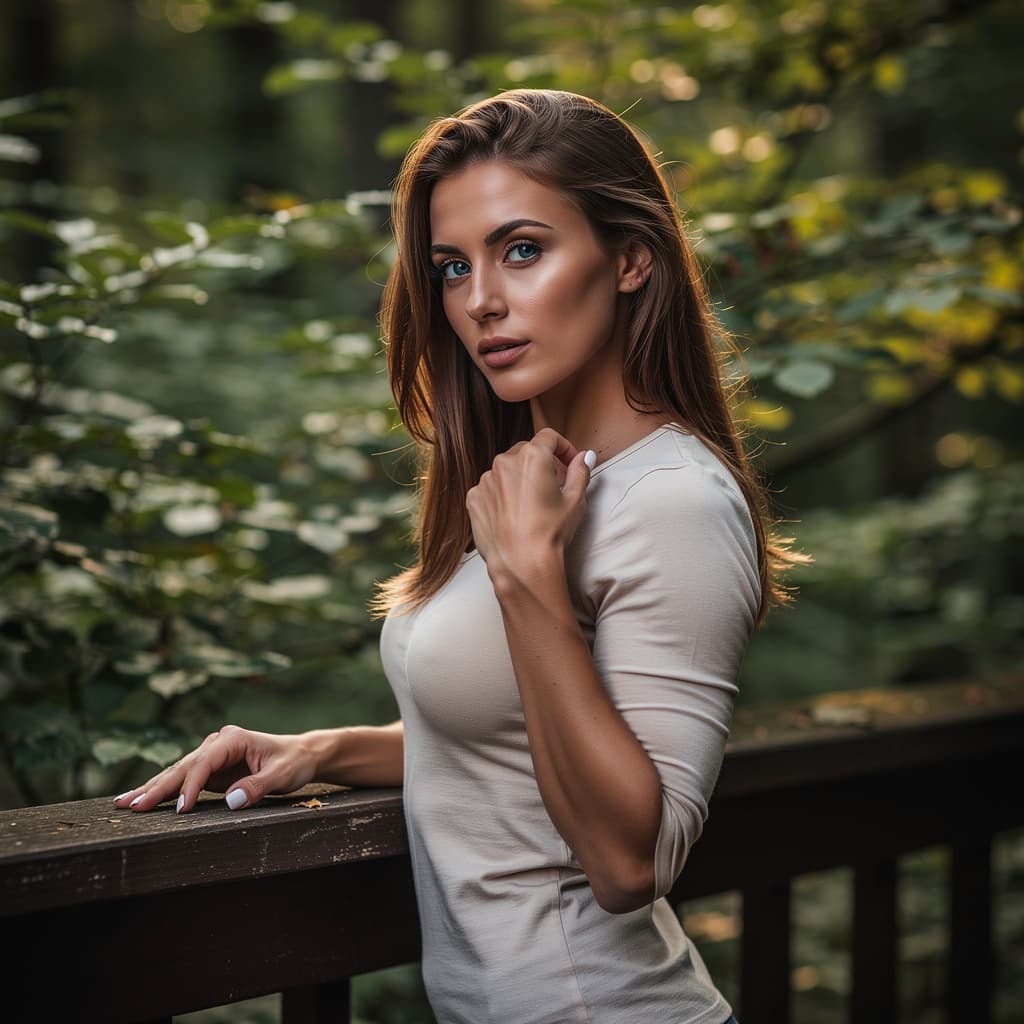 AI generated: A fit, topless adult woman with bronze hair and blue eyes is posing against a dark wooden railing in...