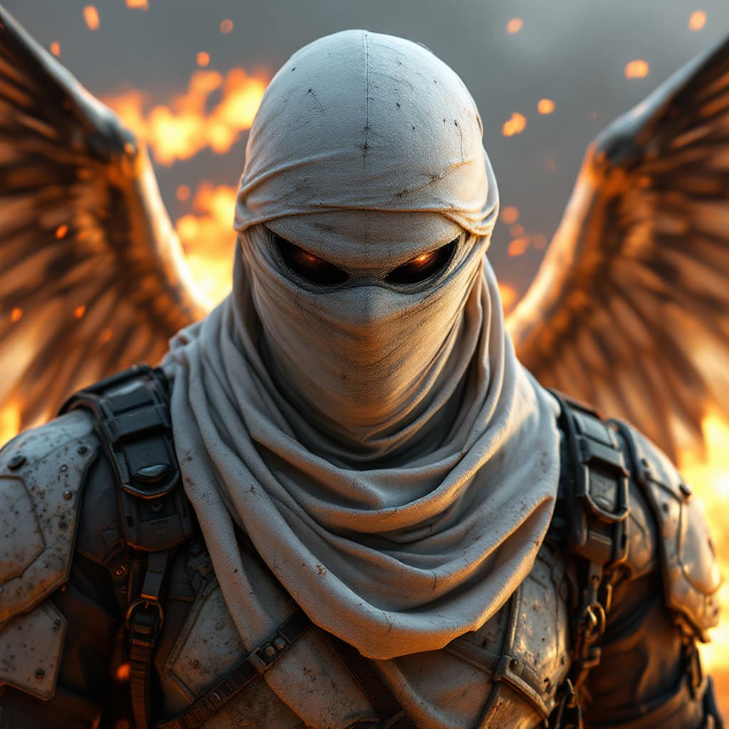 AI generated: aidmaMJ6.1, gundam counter terrorist from the videogame counter strike, face covered with white shee...