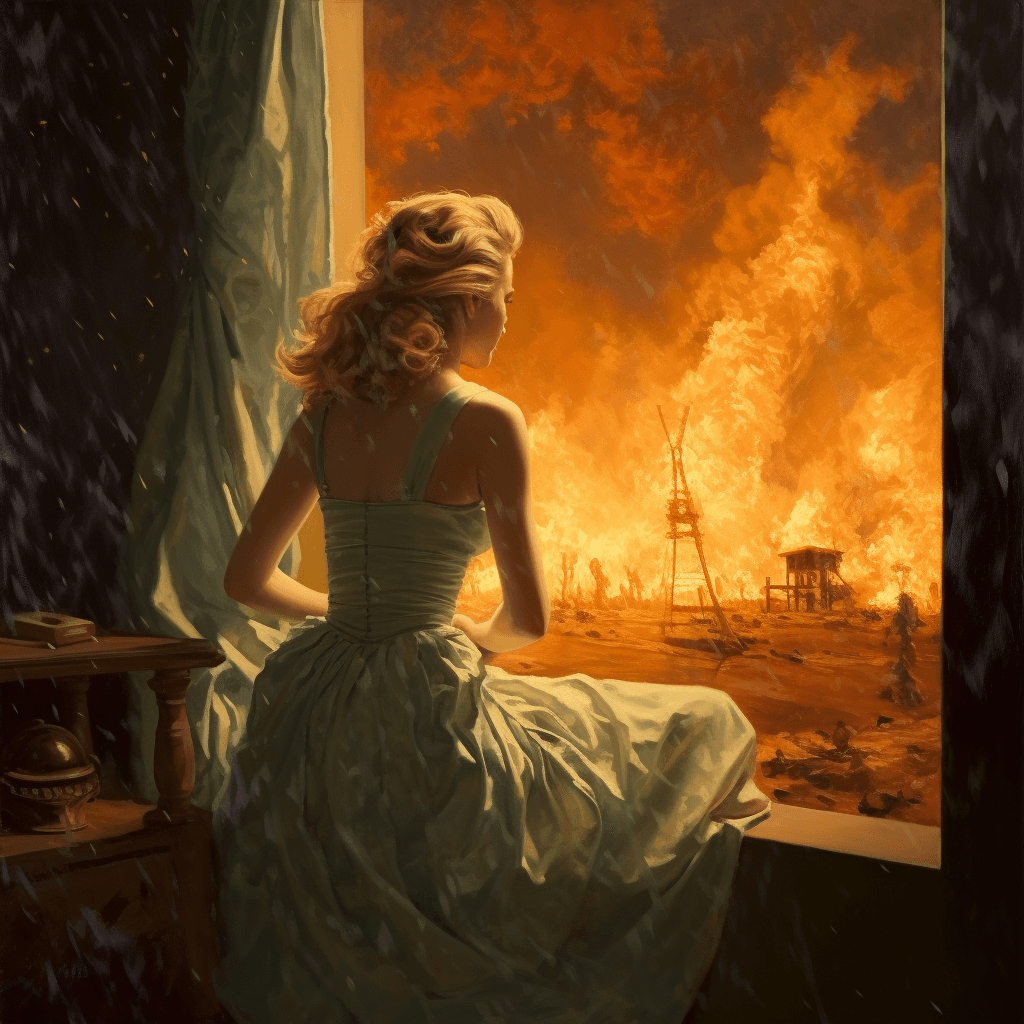 AI generated: woman watches as the world catches fire, perfect face, perfect hair