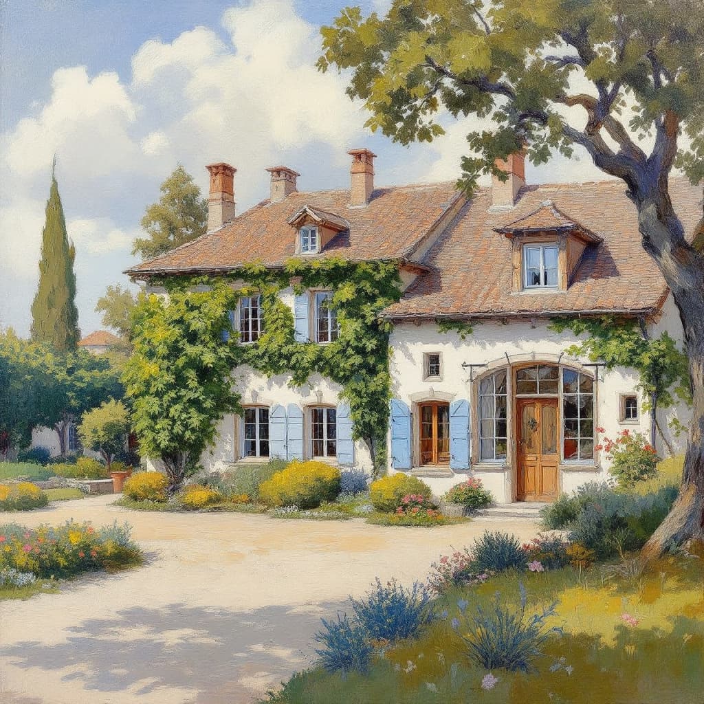 AI generated: Impressionist painting of a French Manor House in Provence, oil on canvas, in the style of Paul Ceza...