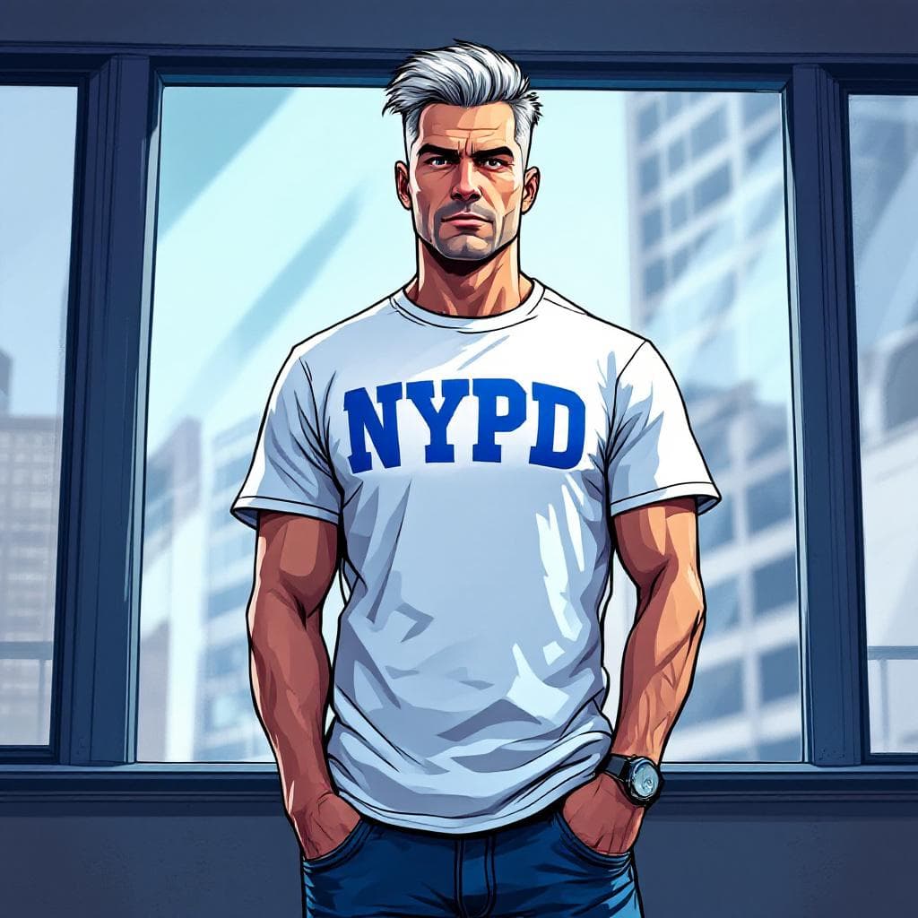 AI generated: Cartoon illustration, comic book cover featuring a handsome Caucasian man with burst-taper grey hair...