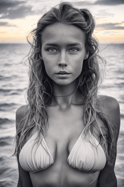 AI generated: professional full body shot of a Norwegian girl wearing only a two-piece swimsuit (beach), (dune), l...