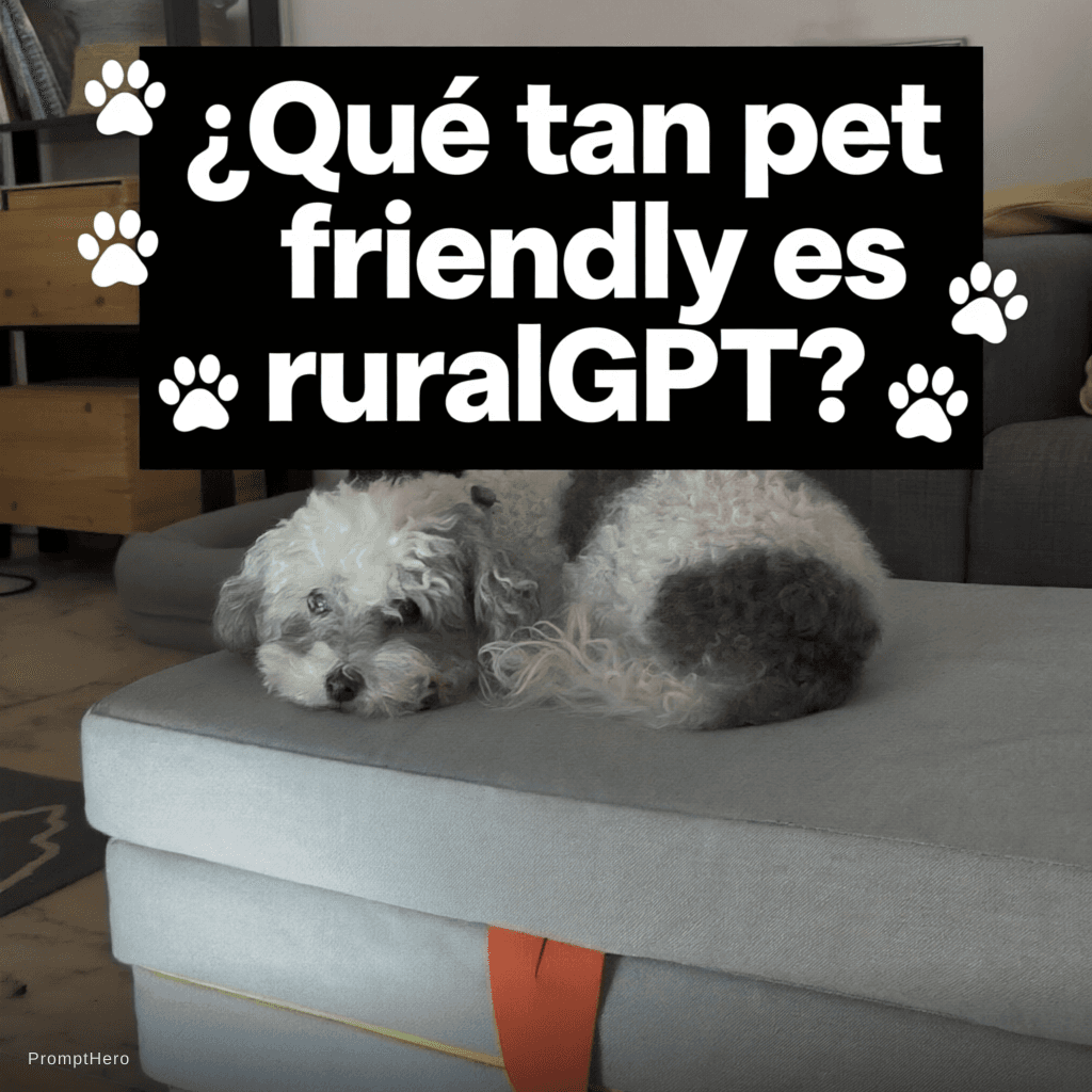 AI generated: Funny bold title card, black background, large white text saying "¿Qué tan pet friendly es ruralGPT?...