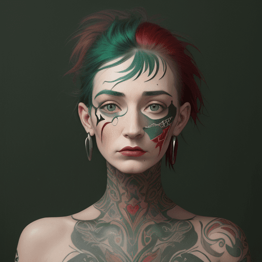 AI generated: Woman with colorful head tattooed on her face, cyclorama style, dark green and red, gesture painting...