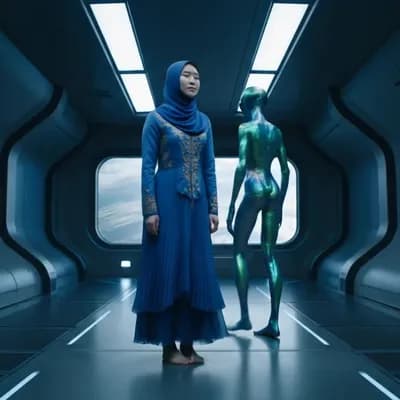 AI generated video: Full body view. . Hyperrealistic cinematic video. A Korean woman, in elegant clothes, with a blue hi...