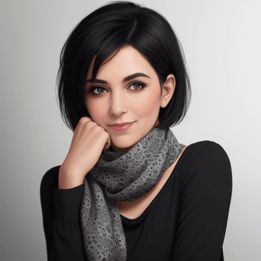 AI generated: A woman wearing a black top and a gray-toned patterned scarf is looking at the camera with her chin ...