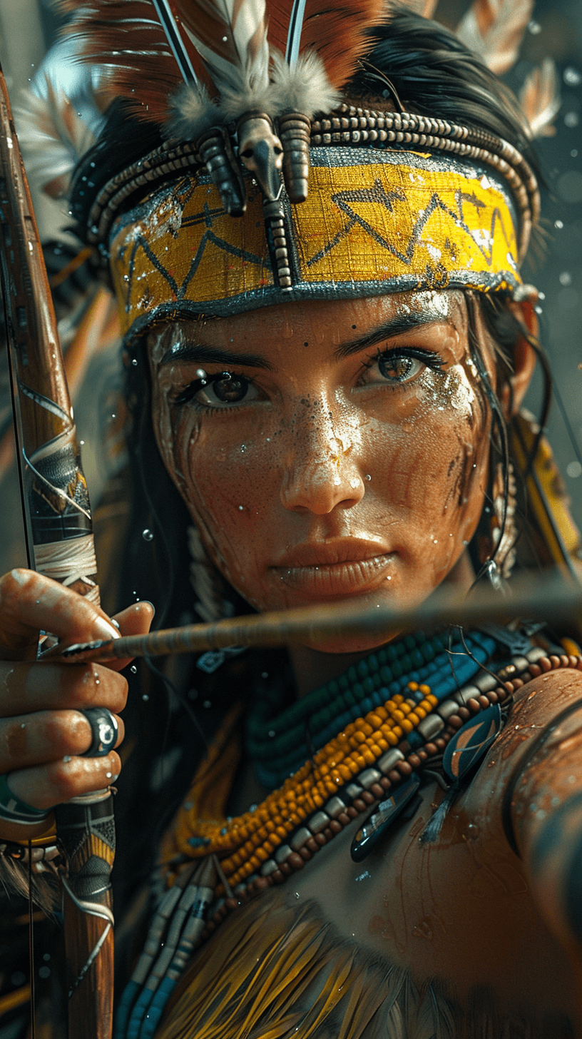 AI generated: Indigenous woman warrior, holding an alien bow and arrow, helmet with macaw feathers, chest armor, d...