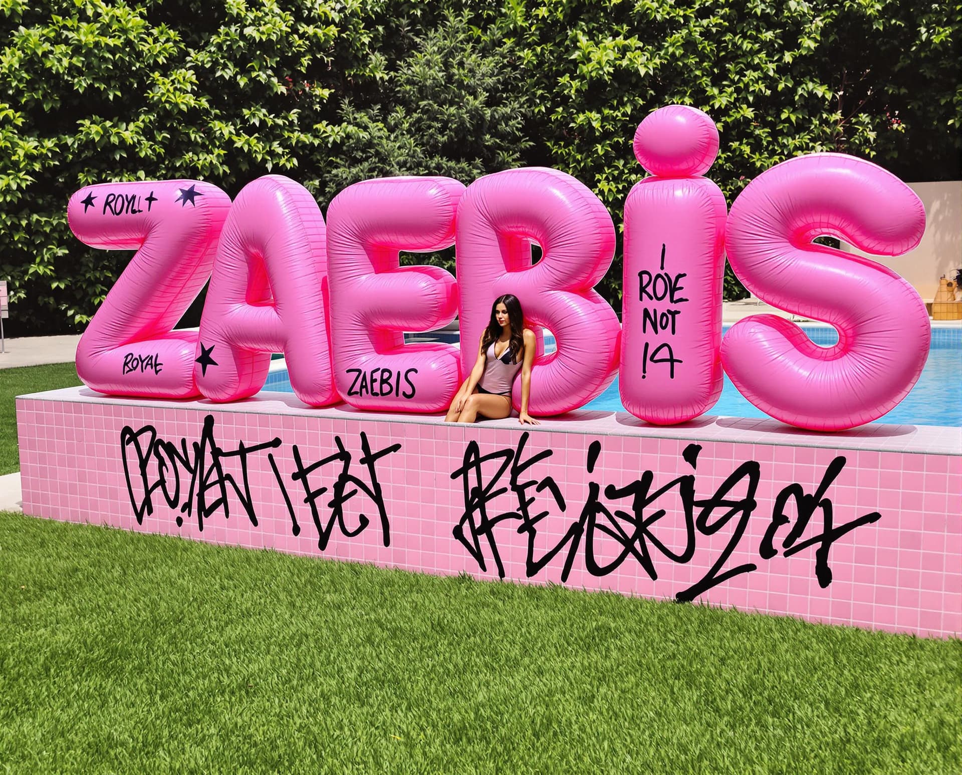AI generated: 3D inflatable drops pink letters "ZAEBIS". The background is blurred, green lawn and a swimming pool...