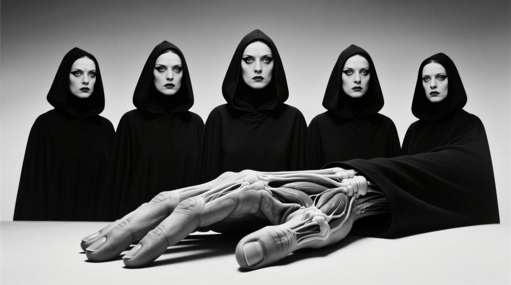 AI generated: A surreal black and white conceptual photograph of five identical women, each wearing a full black h...