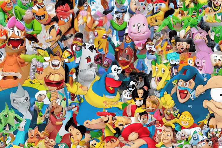 AI generated: A group of cartoon characters, from various franchises, are depicted in a portrait, all laughing out...
