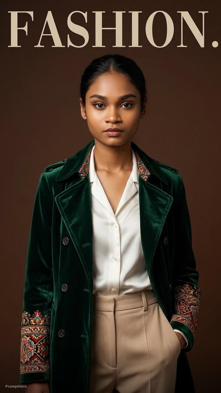 AI generated: 
 cover, front view, upper-body, A woman model, dark brown background , A green velvet coat with Per...